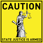 Artwork --- Caution: State Justice is Too Good of a Shot to be Blindfolded (Anti-Politics and Anti-Elections Directory | Description : This image came from http://www.RadicalGraphics.or... | Tags : State Justice, State Violence, State, Rifle, Balan...) ::: By Radical Graphics (About: All material posted here originally appeared at ht... | Ideals: Anarchy, Animal Liberation, Anti-America, Anti-Bio...)