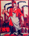 Artwork --- Factory Worker Condemned to Broom and Apron (Workers and Laborers Directory | Description : This image came from http://www.RadicalGraphics.or... | Tags : Factory, Worker, Smoke Stacks, Chimney Stacks, Fac...) ::: By Radical Graphics (About: All material posted here originally appeared at ht... | Ideals: Anarchy, Animal Liberation, Anti-America, Anti-Bio...)