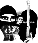 Artwork --- Man and Woman, Masked Revolutionary and Public Activist, We All Work Towards Liberation (Zapatistas and EZLN Directory | Description : This image came from http://www.RadicalGraphics.or... | Tags : Barbed Wire, Gun, Rifle, Mask, Zapatista, Zapatist...) ::: By Radical Graphics (About: All material posted here originally appeared at ht... | Ideals: Anarchy, Animal Liberation, Anti-America, Anti-Bio...)