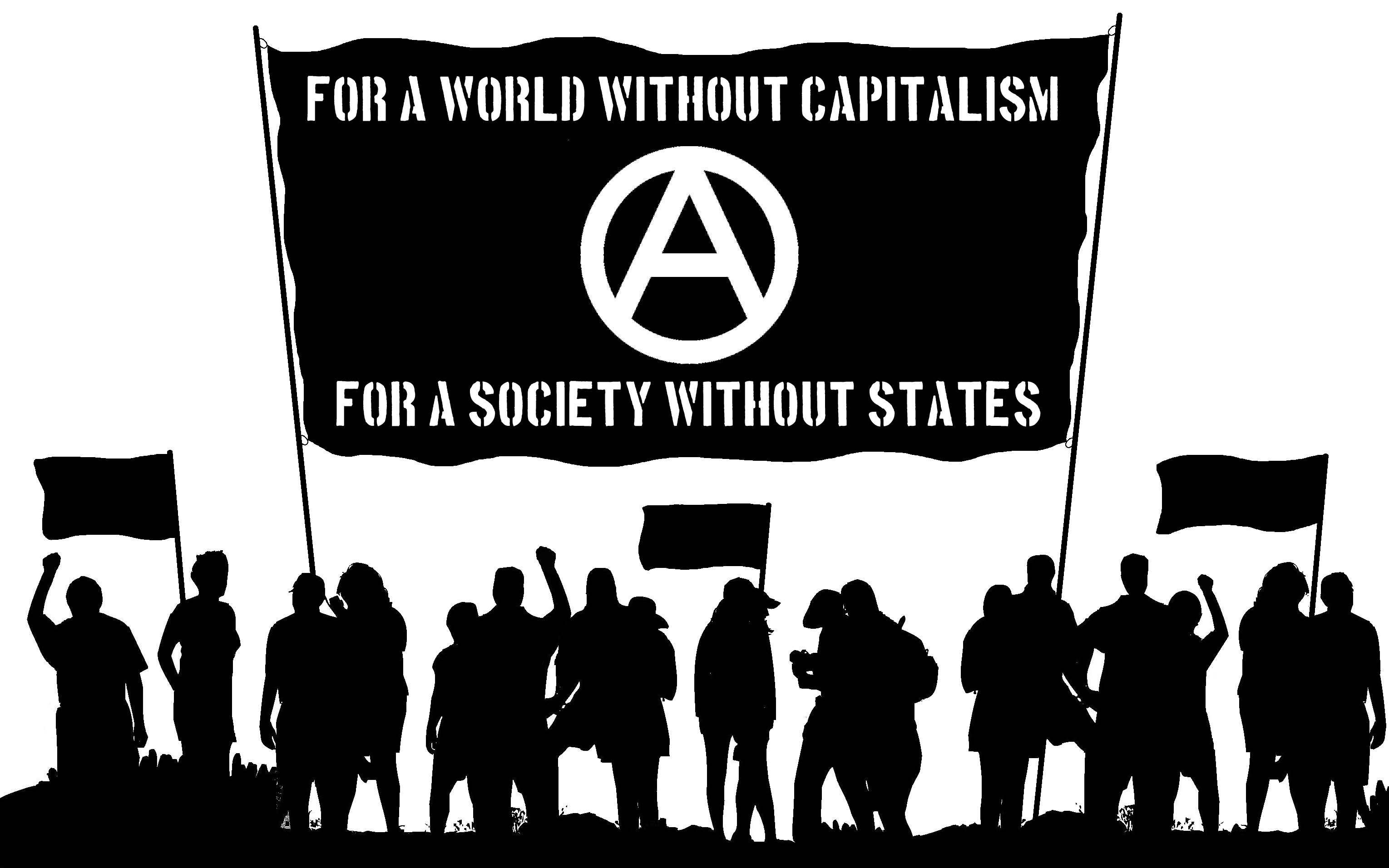 Computer drawing of a crowd of protesters flying black flags and carrying a banner that says &quot;For a world without capitalism \ For a society without states&quot;